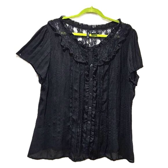 GOTH BLACK LACE EDWARDIAN SHORT SLEEVE WITCHY RUFFLE NECK BUTTON TOP BLOUSE 2X - Picture 1 of 4